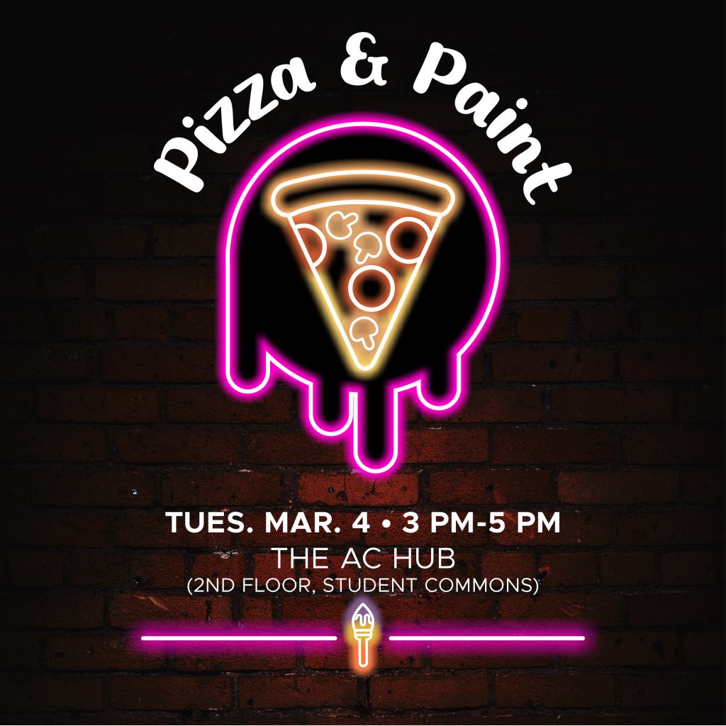 Pizza and Paint social media post with neon pizza icon on a dark brick wall.